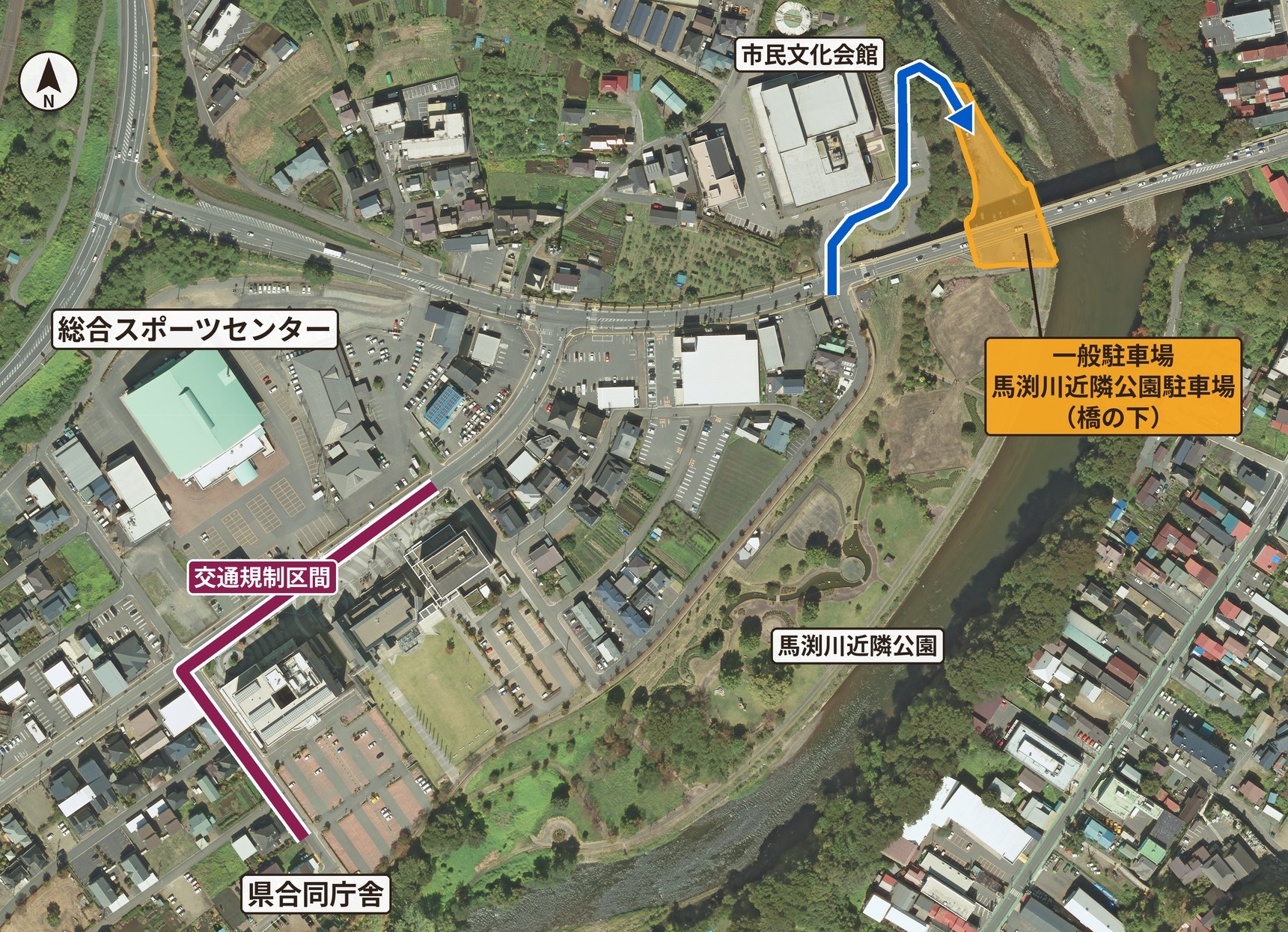 総合スポーツセンター周辺の交通規制区間と一般駐車場
